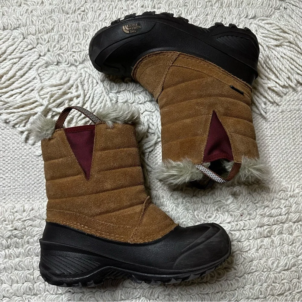 NORTH FACE girls’ brown suede leather faux fur lined Shellista snow boots 3